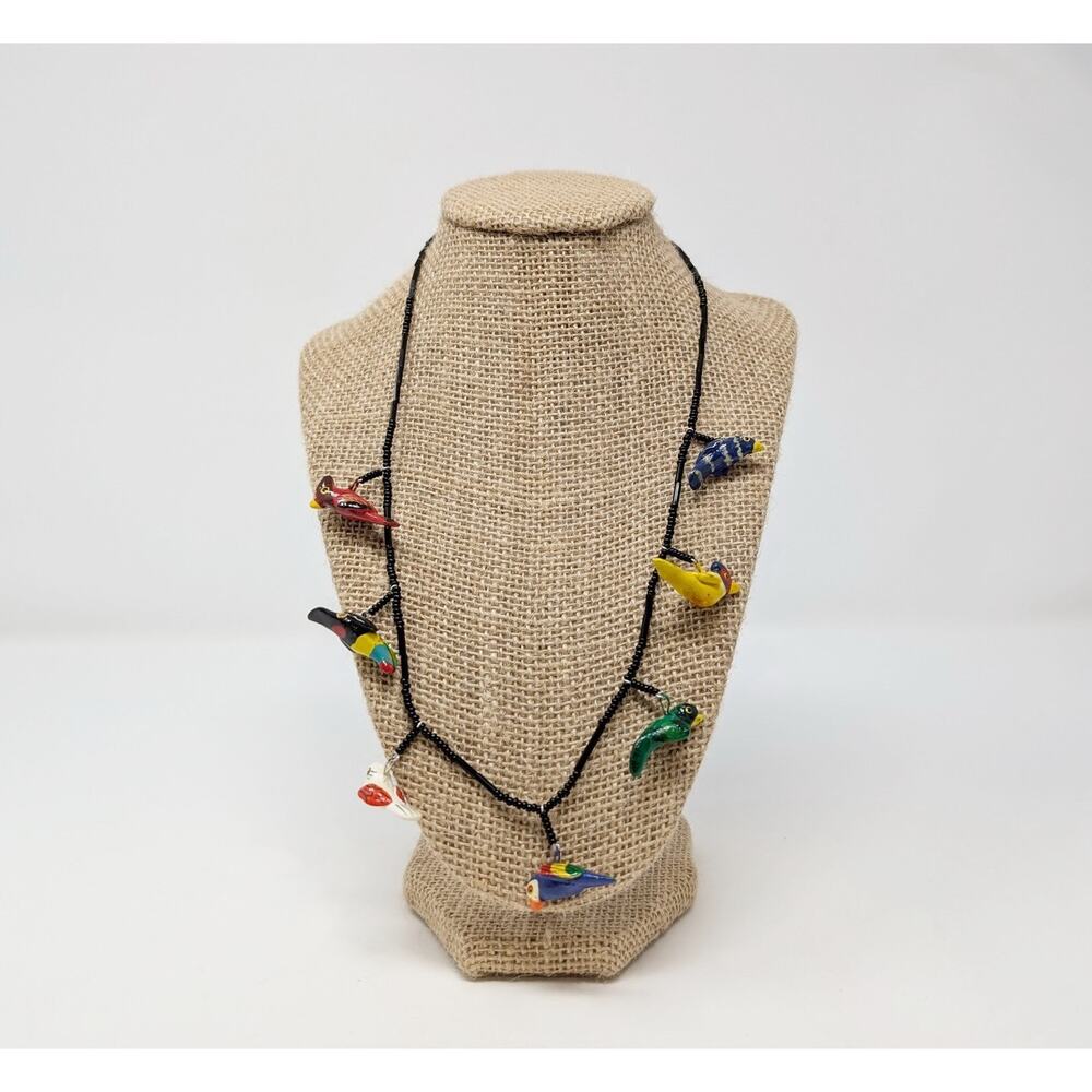 Black Beaded Wooden Colorful Painted Bird Necklace - Picture 1 of 6